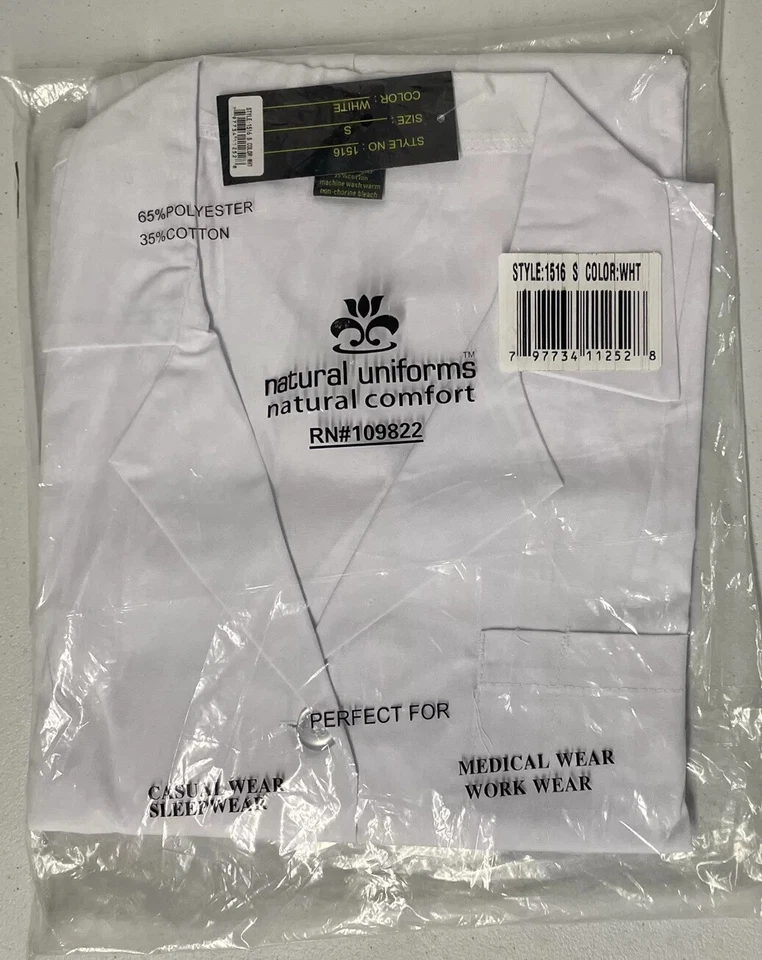 g1 Natural Uniforms Medical WHITE Unisex Long Lab Coat 40" NEW Small Men Women - Image 2 of 2