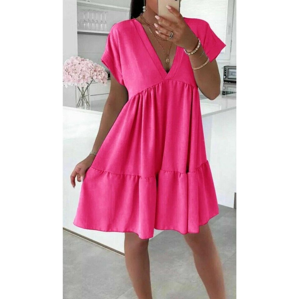 Women's Summer Smock Pleated Mini Dress Ladies V Neck Solid A Line