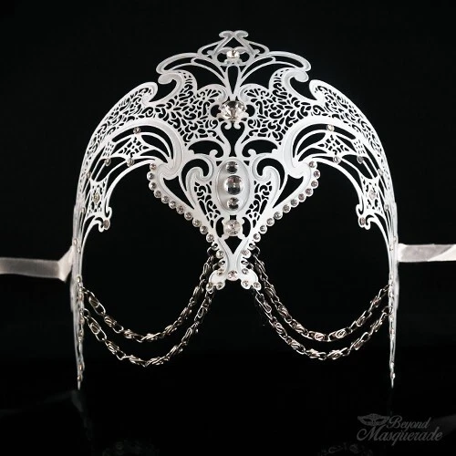 Womens Egyptian Chain Venetian Laser-Cut Filigree Metal Masquerade Mask [White] - Image 2 of 4
