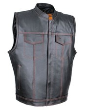 MENS BLACK SPLIT LEATHER MOTORCYCLE VEST w/ RED STITCHING  GUN POCKETS - DD72