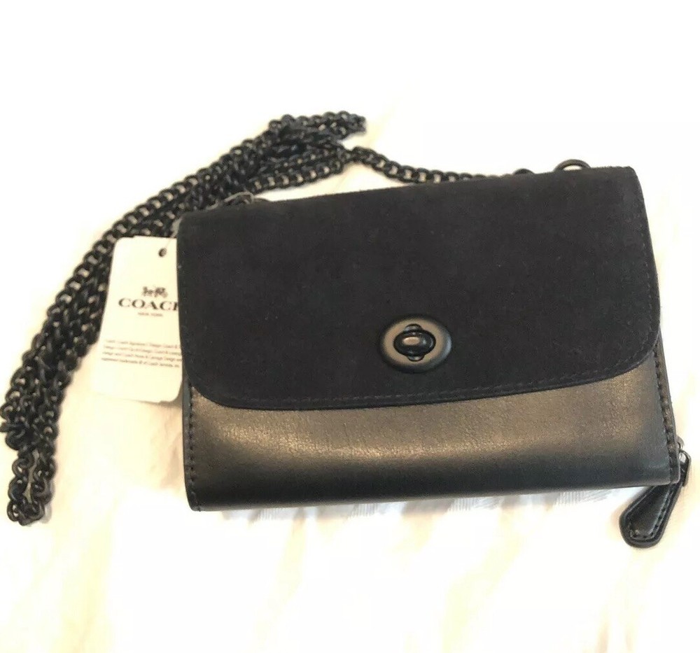 NWT Coach Mixed Leather Flap Crossbody Clutch F24498 Color:Black