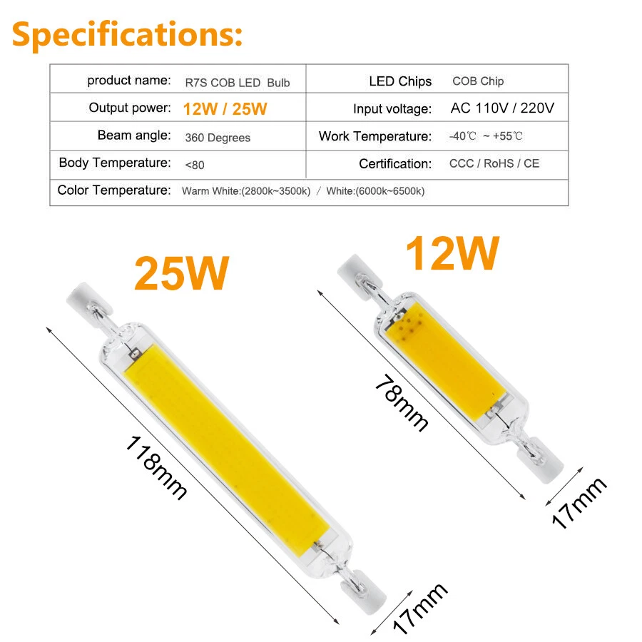 Dimmable R7s LED COB Light Bulb 78mm 118mm 12W 25W Glass + Ceramics T3 J Type - Image 2 of 4