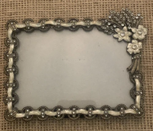 VTG Floral Enamel Rhinestone Enamel 3.5x5 Photo Picture Frame 4.75”T 6”L 