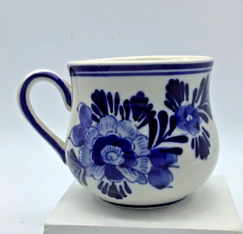 Delft Mug Coffee Cup Blue White Dutch Flower  Windmill Hand Painted Vintage, 3”