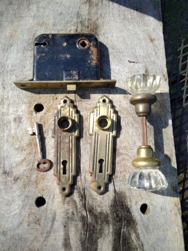 Boutons de porte en verre art déco antiques, serrure, plaques de verrouillage, jeu de clés - Photo 1/2