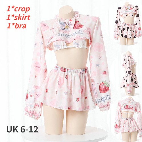 Lady Sweet Apparel Crop Top&Skirt&Bra Outfit Strawberry Milk Sexy Erotic Cosplay - Picture 3 of 14
