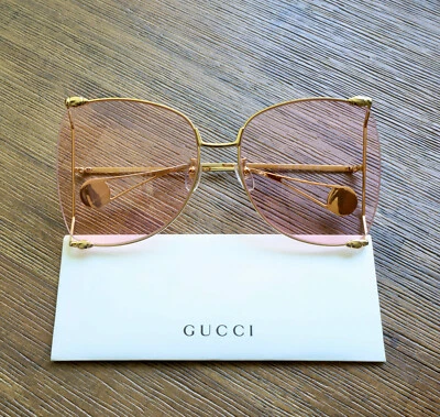 Gucci GG0252S 004 63mm Butterfly Sunglasses in Gold/Pink Lens with Velvet case