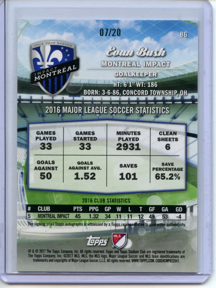 2017 Topps Stadium Club MLS Soccer MEMBERS ONLY Auto #86 Evan Bush #7/20 - Image 2 of 2