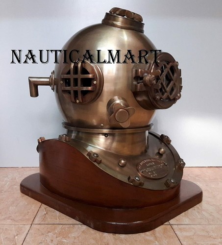 Brass Scuba Full Size Antique Us Navy Mark V Divers Diving Helmet W/ Wooden Base - Picture 2 of 5