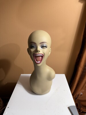 Realistic Female Mannequin Head - Fiberglass Smiling/Laughing Fleshtone Head With Pierced Ears For Display