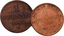 Saxony 1 Pfennig 1866 1849 Copper 2 Piece Coin Original #CNA324