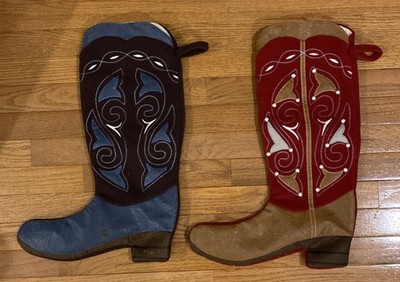 Two (2) Cowboy Boot Christmas Stockings - Red and Blue Bases