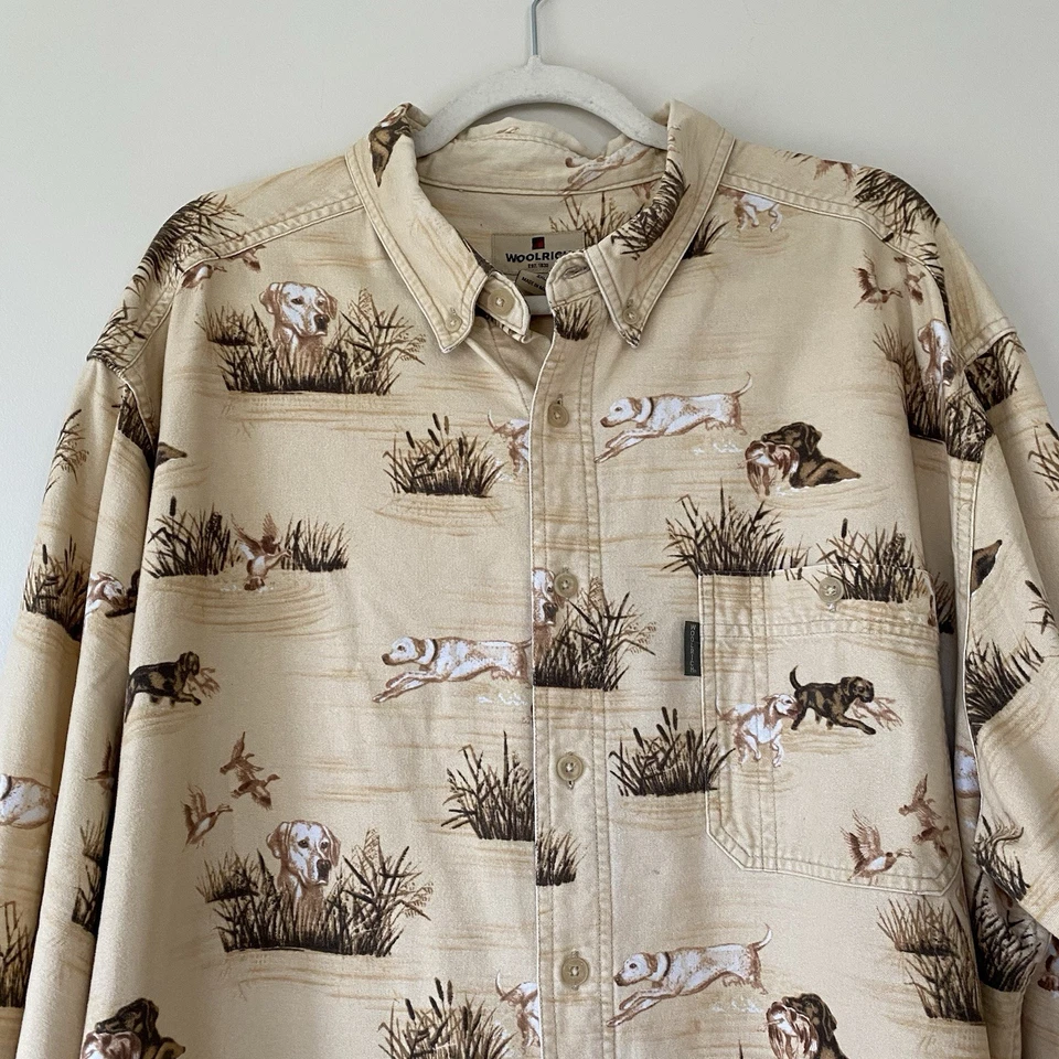 Vtg 90s Woolrich Duck Hunting Dog Flannel Button Down Men’s XXL Lab Tan Brown - Image 3 of 4