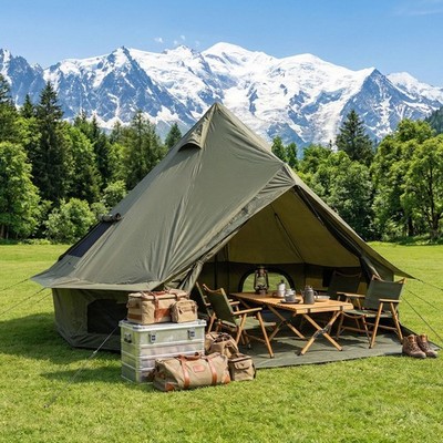 4 Season Bell Tent 9.8 FT, Green Waterproof Glamping Yurt Tent with Stove Jack, 