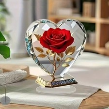 Red Roses Acrylic Heart Sculpture Gold Accents Desktop Decor  Home Decor