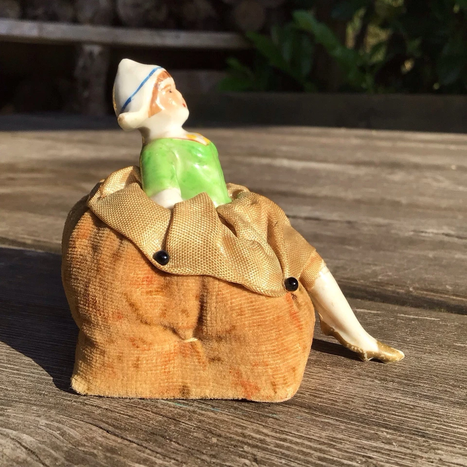 Old Vintage Antique Porcelain Pin Cushion Half Doll With Legs - Dutch Girl - Image 3 of 4