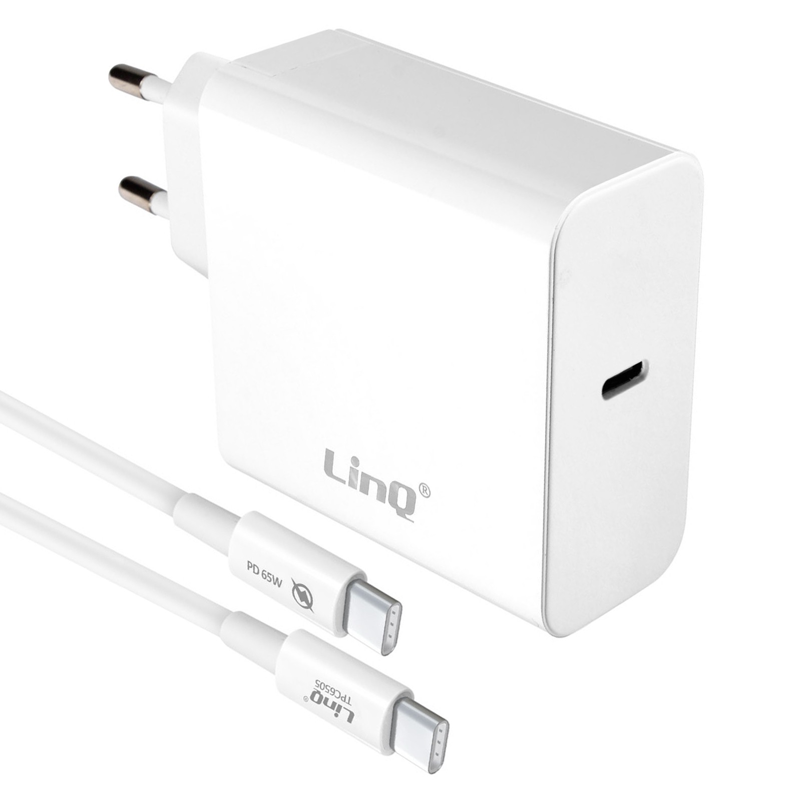 65W Fast Wall Charger with 1.8m USB-C Cable Compact Design LinQ White