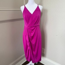 Eliza J Magenta Fuchsia Gathered Ruffle Bodycon Midi Dress Wrap Bodice Size 8