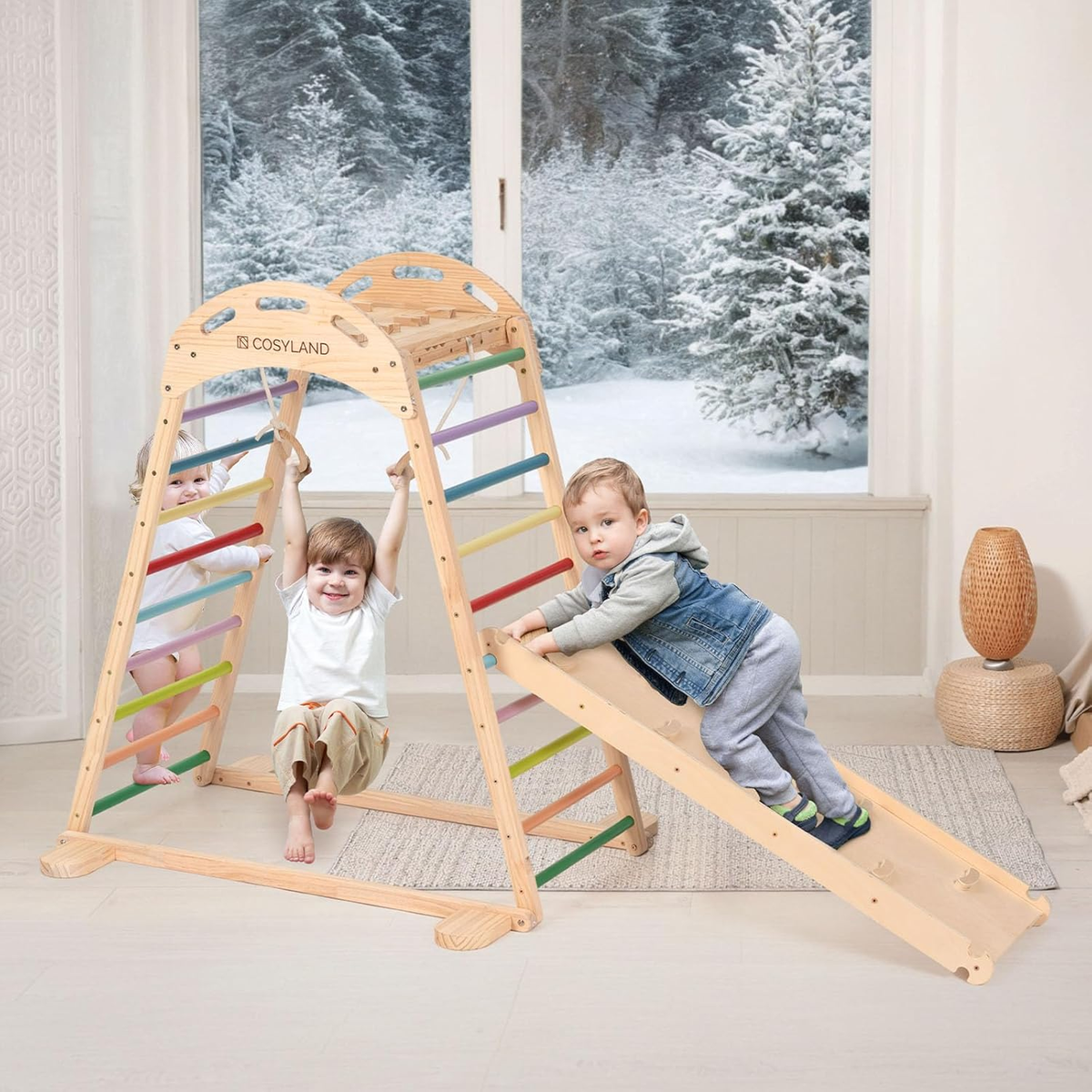 Indoor Jungle Gym Playset 7-in-1 Kids Climbing Toys Slide Hanging