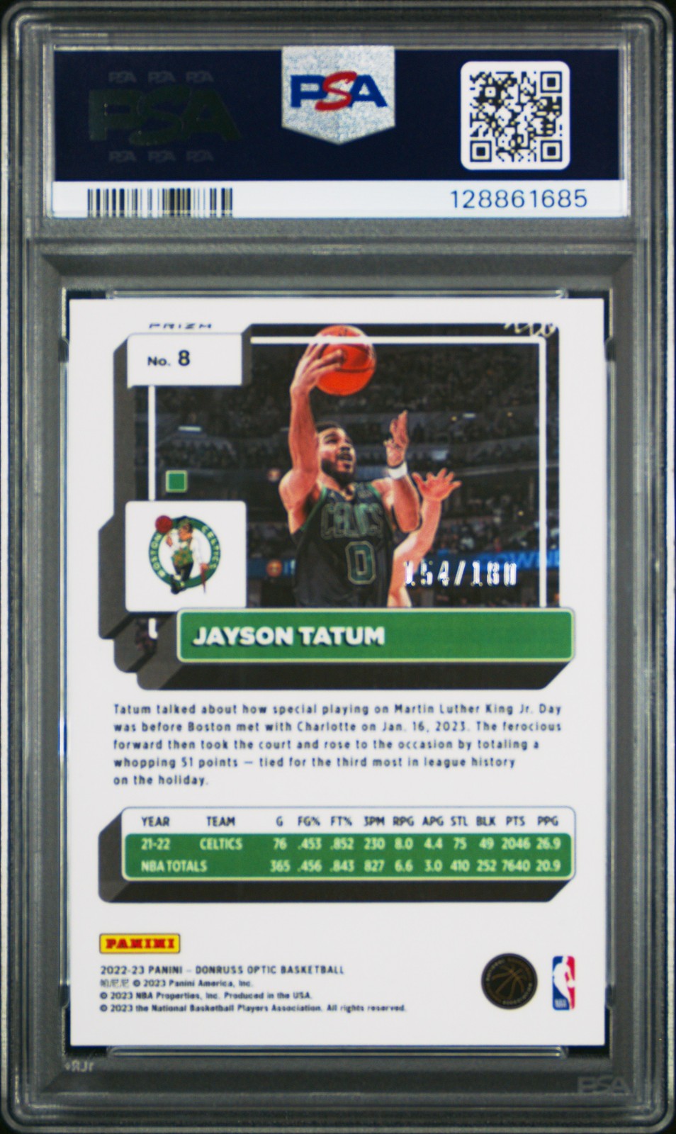 2022 PANINI DONRUSS OPTIC BLUE SPARKLE #8 JAYSON TATUM 154/180 PSA 10 view 2