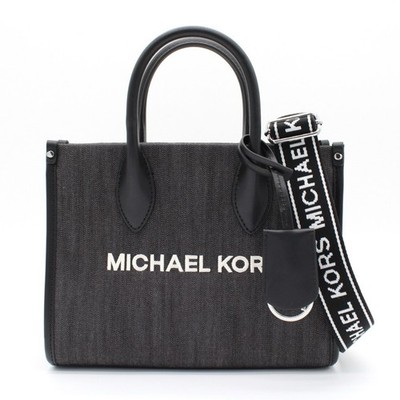 MICHAEL KORS Mirella Top Zip Denim Black 2-Way Shopper Tote Bag Silver Hardware