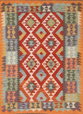 Boho Southwestern Kilim Rug 4x6 Flat-Weave Wool Geometric Oriental Carpet