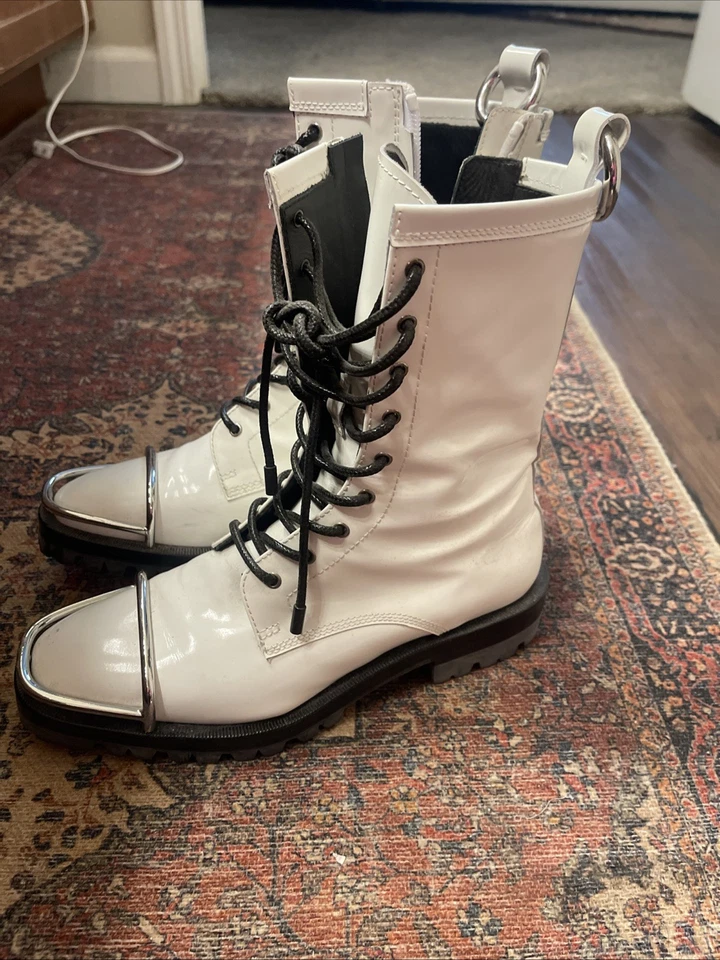 36.5 ❤️ Botas de Combate Alexander Wang Gorra de Metal Cuero Blanco Motociclista Moto Foto 3 de 4