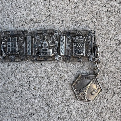 Vintage 1950s Paris Eiffel France Mid Century Tourist Panel Link Bracelet 6 3/8 