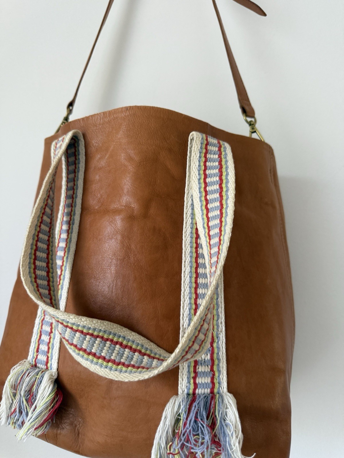 ✿ Madewell Brown Leather Tote Shoulder Bag Boho Woven Strap Fringe Canvas Lining