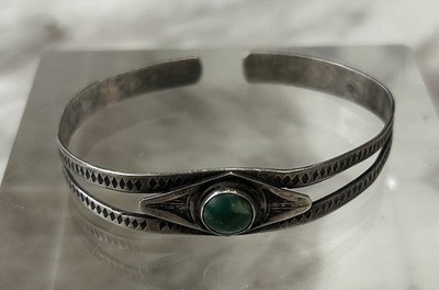 Fred Harvey Era Sterling/ Coin Silver Hand Made Vintage Cuff Bracelet With Stone
