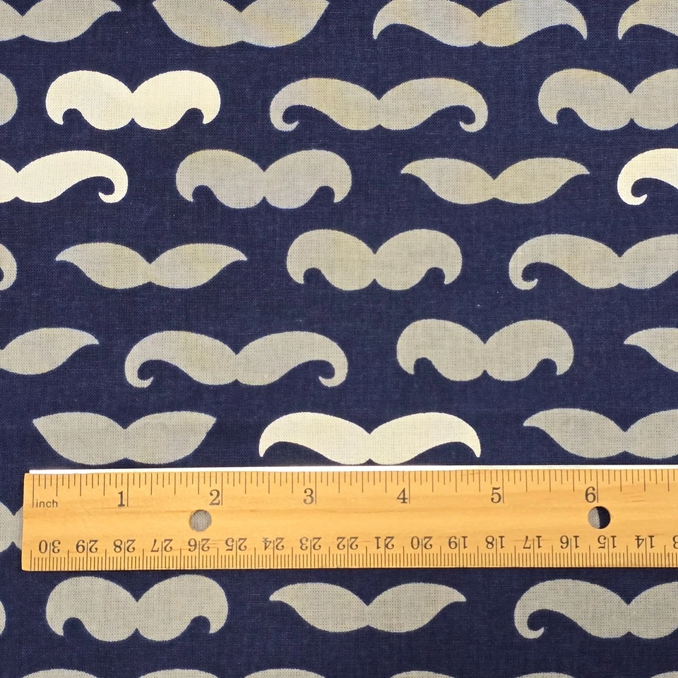 Cotton Fabric 14"x35" Remnant Navy Blue Grey White Mustache Novelty Print - Image 4 of 4