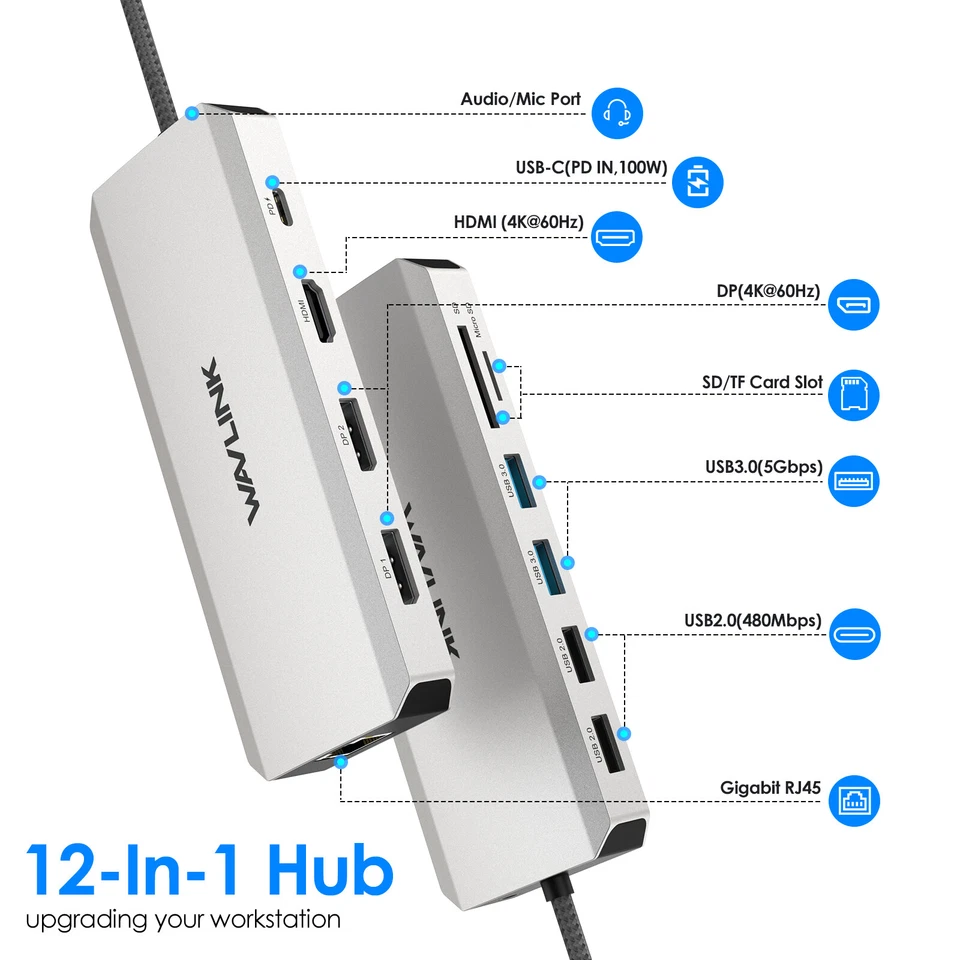 WAVLINK 100W USB C Hub Triple Monitor Laptop Estación de Acoplamiento 4K HDMI Doble 4K DP Foto 2 de 4