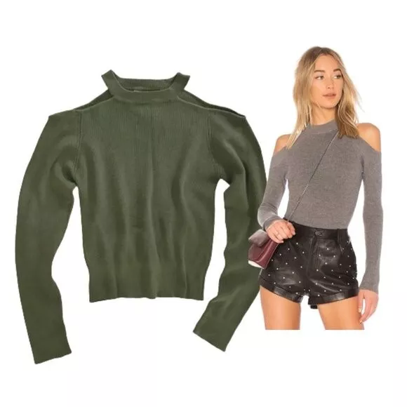 Zara Cropped Ribbed Sweater Top Cold Shoulder Olive Green L