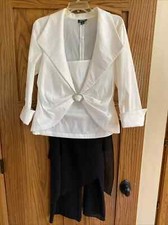 Formal 2-pc White Top  Black Crepe Pants w/Overlay Skirt Panels; Flattering; 16