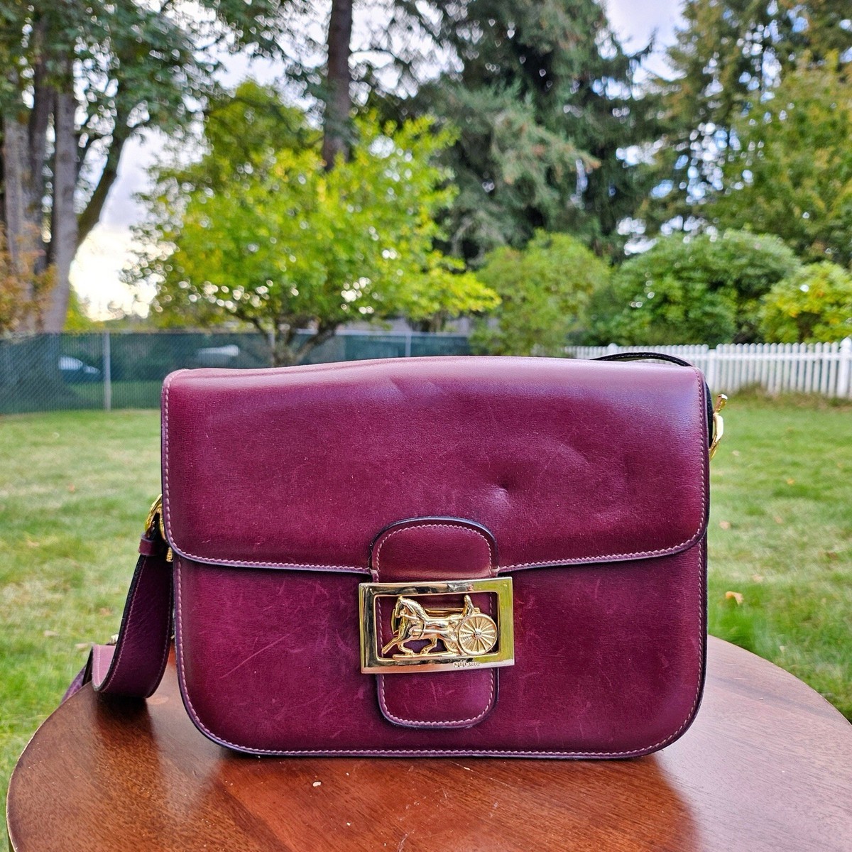Vintage CELINE Horse Carriage Burgundy Italy Leather Shoulder Bag 