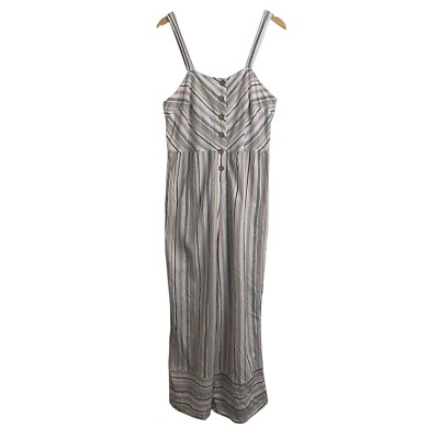 Universal Thread Linen Blend Jumpsuit Neutral Stripes Wide Leg Sz L Boho