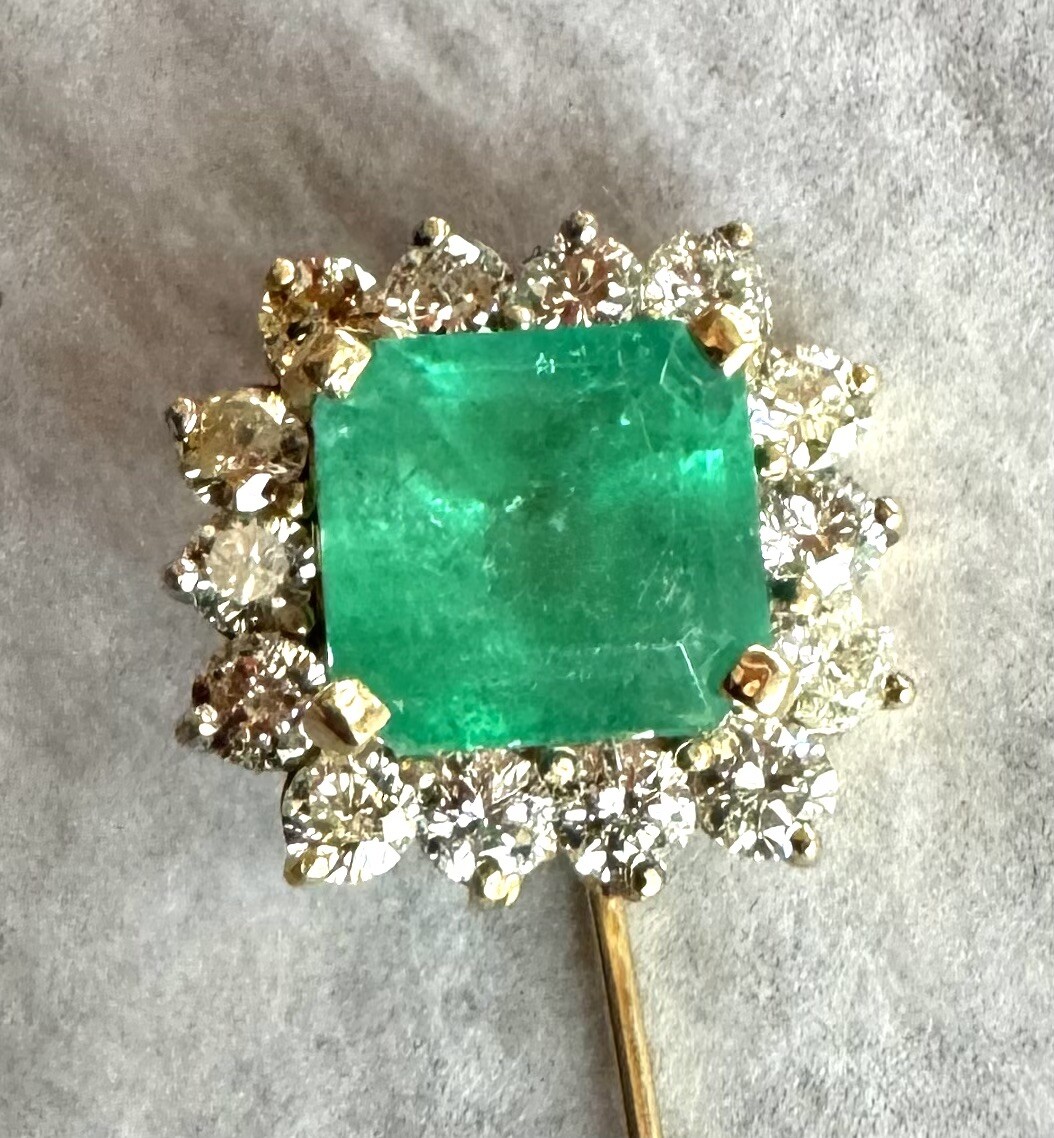 Emerald Shellback Pin Vintage 14k Yellow Gold Emerald & Diamond Lapel Stick Pin 6.4 Grams 2. ...
