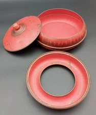 Vintage- 3 Piece Metal Red Round Sewing Box Decor Tin Thread Needle Holder Lid