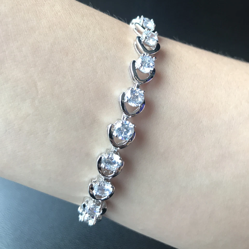 Brazalete Tenis 5mm Redondo Blanco Circonita Blanca Relleno Oro Blanco Regalo Navidad Madre 7" Foto 4 de 4