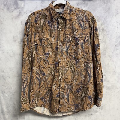 Roper Western Pearl Snap Shirt Mens Medium 22.5x29 Brown Paisley Long Sleeve