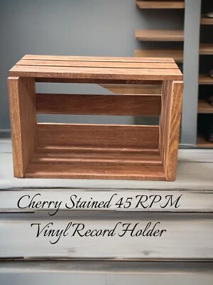 DARLA'S STUDIO 66 Cherry Stained Wooden 45 RPM Record Crate – Rustic Vinyl Storage Box for 7-Inch