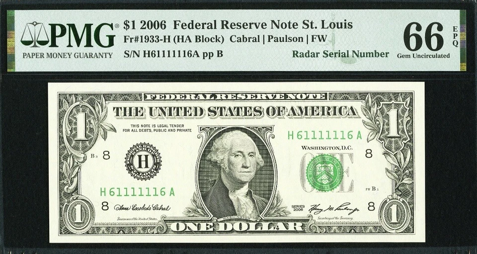 $1 2006 Fancy Serial H61111116A Super Radar BINARY upside down note.PMG EPQ 66 - Image 3 of 4