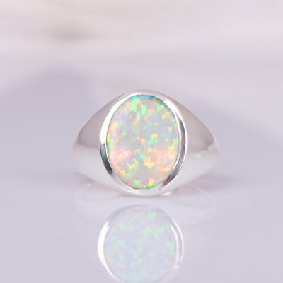 Lab Created Rainbow Fire Opal Signet Men's Ring 925 Sterling Silver Ring For Him