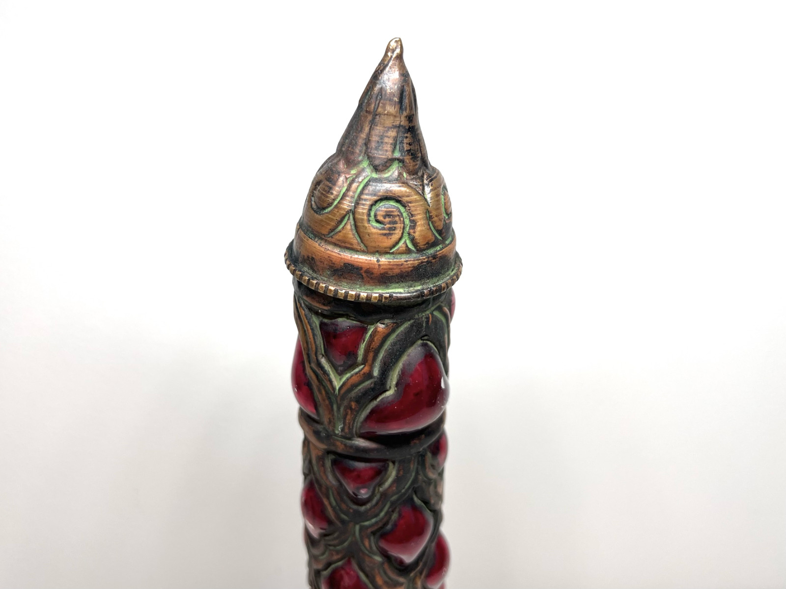 Antique Brass Caged Glass Pillar Bottle with Stopper and Chain