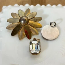 Lot 3 Vtg: Kirk's Folly Crystal Solitaire, Sarah Cov Flower Brooch, Sarah Charm