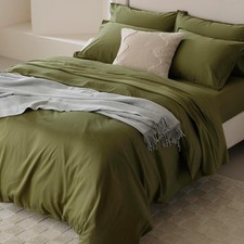 Double Stitch Organic Cotton Duvet Cover Set Full/queen OLIVE GREEN 3 PCS