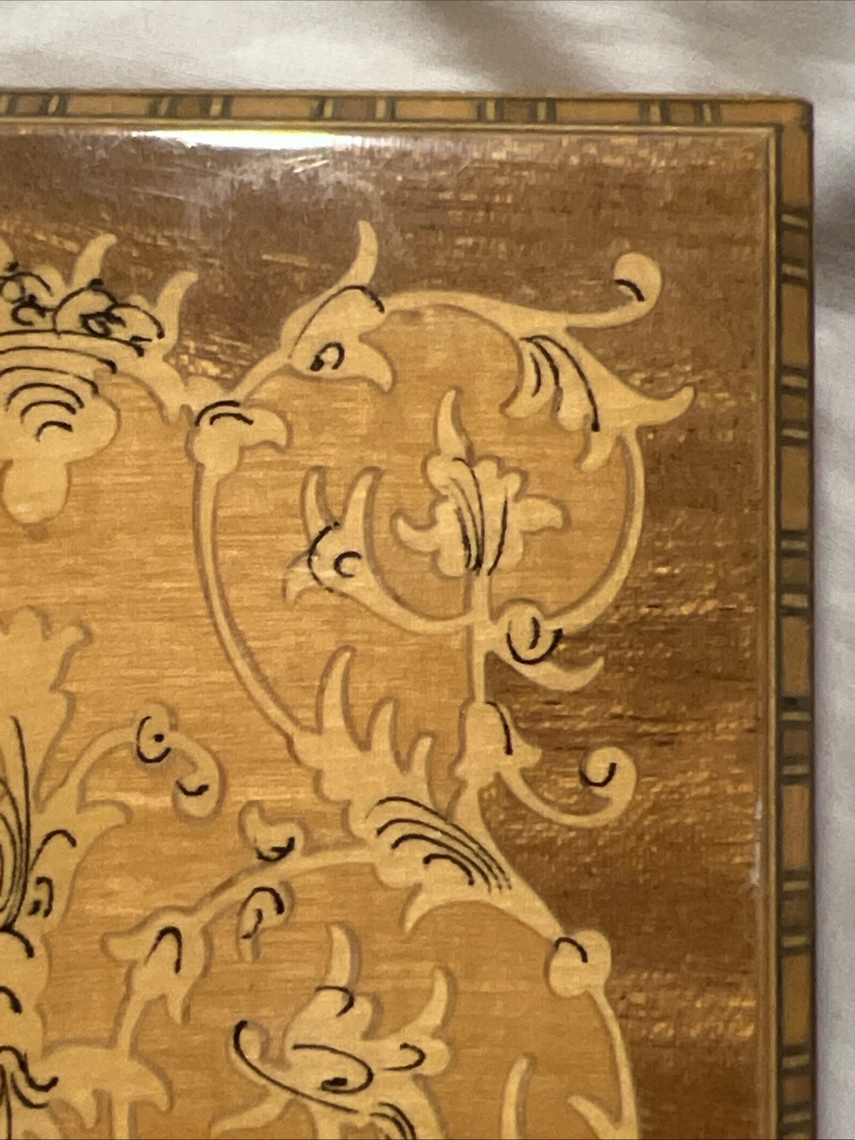 Italian Square Marquetry Inlaid Painted Wood Jewelry Trinket Box 4 3/8"