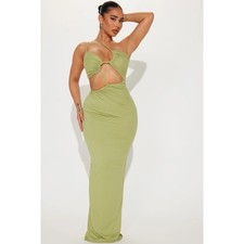Fashion Nova Lala Asymmetrical Maxi Dress Size S Sage Ribbed Cutout NWT