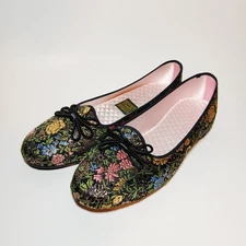 Mid Century Vtg Daniel Green Womens 8-8.5 Comfy Slippers Black Floral Jacquard