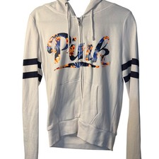 PINK Victoria's Secret Womens Small White Floral Logo Arm-Striped Zip Up Hoodie